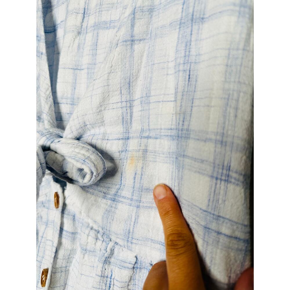 LOVE WHIT Blue Plaid Checkered Tie Front Cotton V-Neck Midi Dress Size Medium - Picture 10 of 14